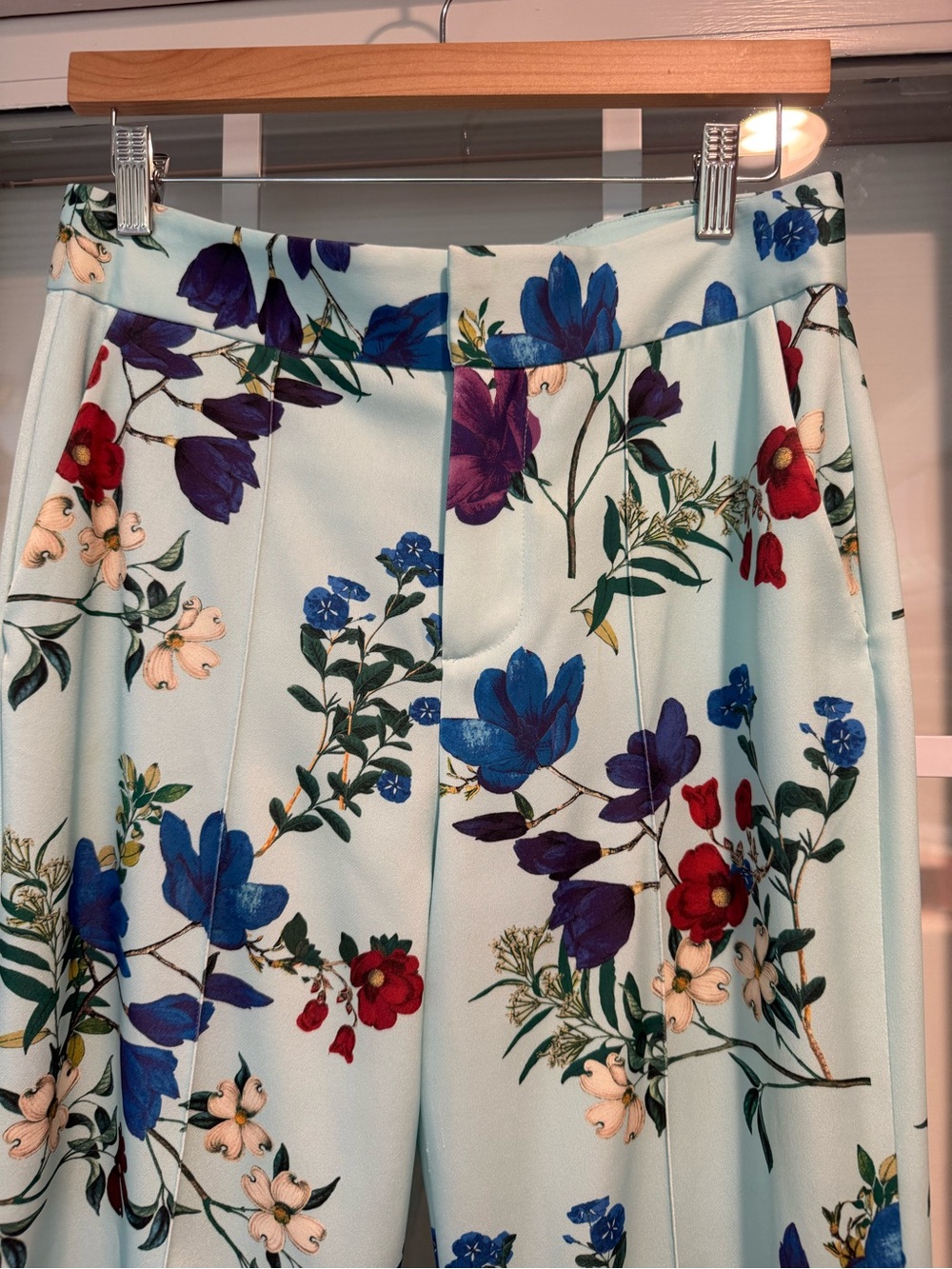 Alice + Olivia Dylan High Waisted Aqua Wide-Leg Pants in “Beautiful Bloom” - Picture 5 of 8
